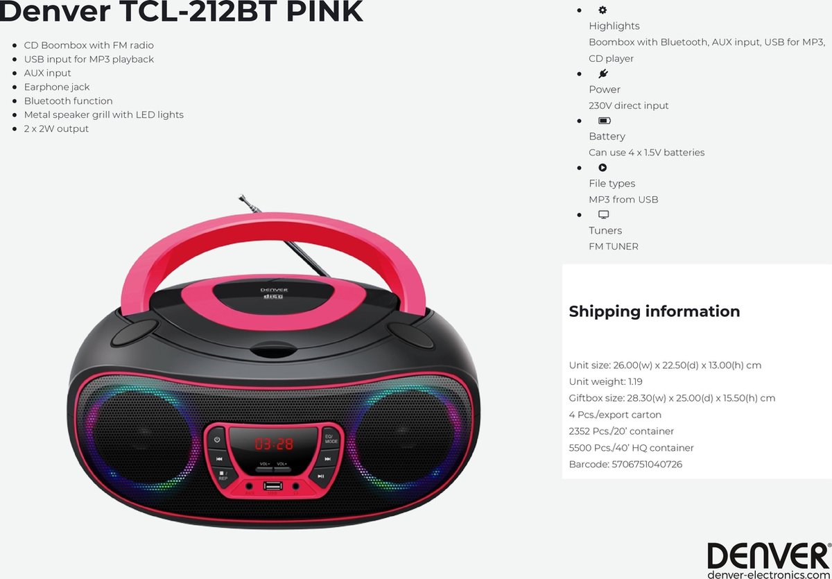 Denver Draagbare Boombox Bluetooth FM Radio met LED verlichting CD Speler AUX...