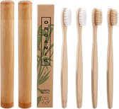 Bamboe tandenborstels |Set Van 4 Tandenborstels Plus 2 Bamboe Kokers| Medium soft | Biologisch Afbreekbaar | 2 Wit - 2 Creme|