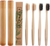 Bamboe tandenborstels |Set Van 4 Tandenborstels Plus 2 Bamboe Kokers| Medium soft | Biologisch Afbreekbaar | 2 Creme - 2 Zwart|