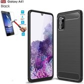 Samsung Galaxy A41 Carbone Brushed Tpu Zwart Cover Case Hoesje - 1 x Tempered Glass Screenprotector CTBL