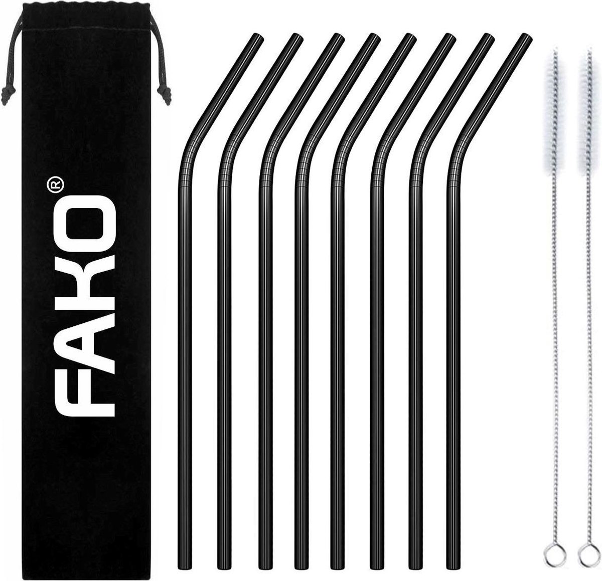 Fako Bijoux® - RVS Rietjes - 8 Stuks - Gebogen - Herbruikbaar - 21 cm - 2 Schoonmaakborsteltjes - Zwart