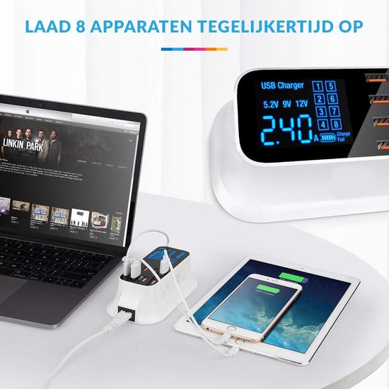 Wit 8-poorts USB oplaadstation laadt een laptop, tablet en iPhone op, met een display.