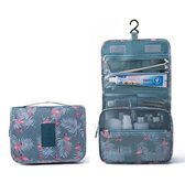 Toilettas met Haak - Blauw-Grijs met Flamingo's - Beautycase - Organizer - Reistas - Uitklapbare Toilettas - Trendy