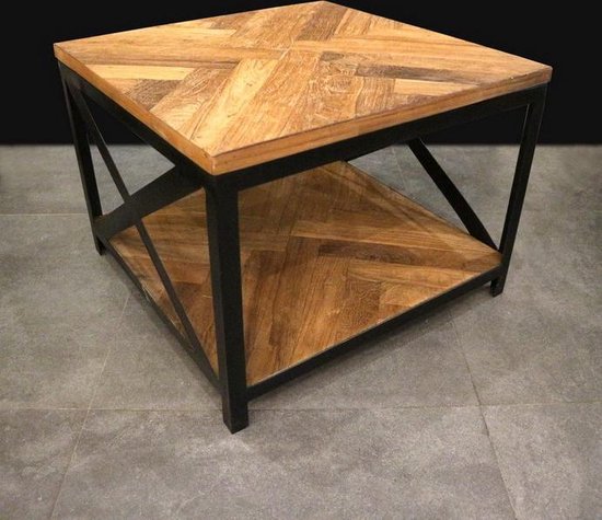 salontafel - bijzettafel - 60 x 60 x h45 cm - teak hout - vierkant -  metalen onderstel... | bol.com