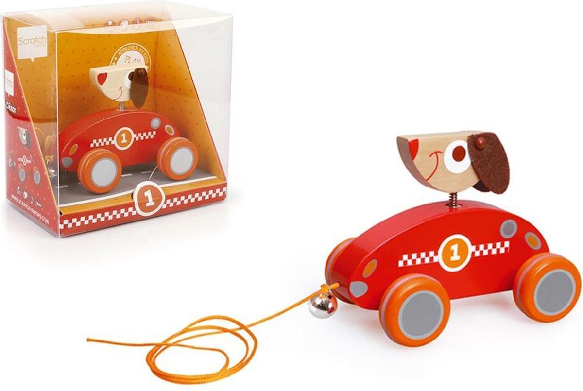 DAM Scratch Preschool: TREKFIGUURTJE HOND César 14x9x11cm, met belletje, in doos, 18m+