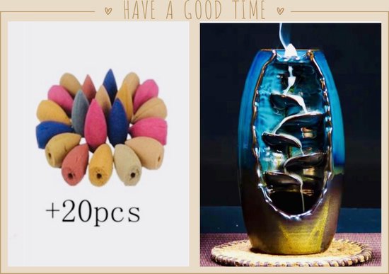 Backflow wierook brander / houder waterval Donker turquoise & Bruin keramiek