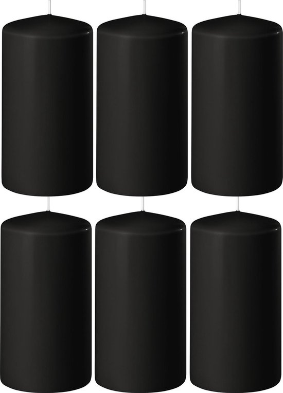 8x Zwarte cilinderkaarsen/stompkaarsen 6 x 15 cm 58 branduren - Geurloze kaarsen zwart - Woondecoraties