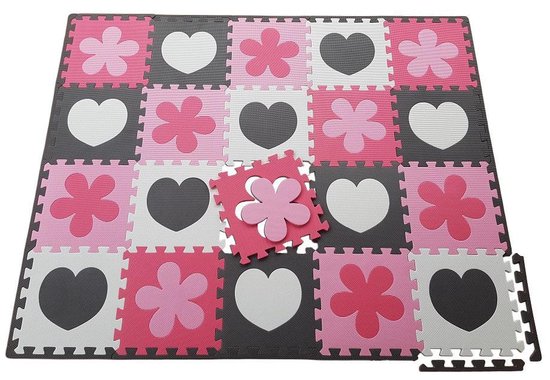 Hart en Bloem Foam Puzzel Speelmat - 20 Speelmatten - Uitneembare Figuren - Opbergtas - Afwerkranden - Grijs - Wit - Roze - Puzzelmat 152x122x1cm