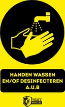 Handen wassen en/of desinfecteren | sticker | Corona Veilig & Sociaal | markering | Fel Geel Zwart | Antislip | A4