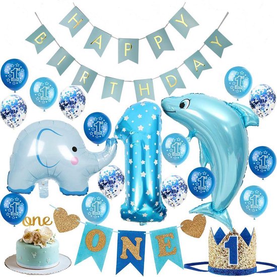 Duizeligheid olifant Lenen JDBOS ® 1 jaar verjaardag versiering jongen XXL - Happy birtday banner -  ballonnen -... | bol.com