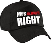 Mrs Always right pet / cap zwart met witte en roze letters voor dames - verkleedpet / feestpet - vrijgezellenfeest
