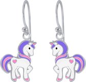 Joy|S - Zilveren pony oorbellen eenhoorn oorhangers unicorn paars roze