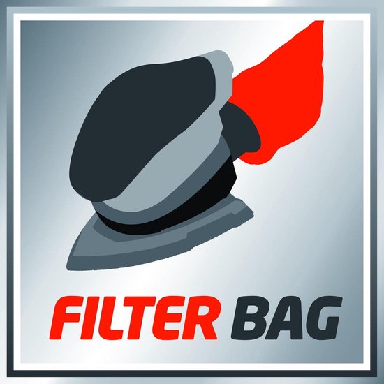 Illustratie van de Einhell schuurmachine met rode stofzak en de tekst 'FILTER BAG'.