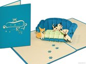 Popcards popupkaarten - Spelende Honden op sofa Hond Dierendag Verjaardag Jarig Verjaardagskaart Felicitatie pop-up kaart 3D wenskaart