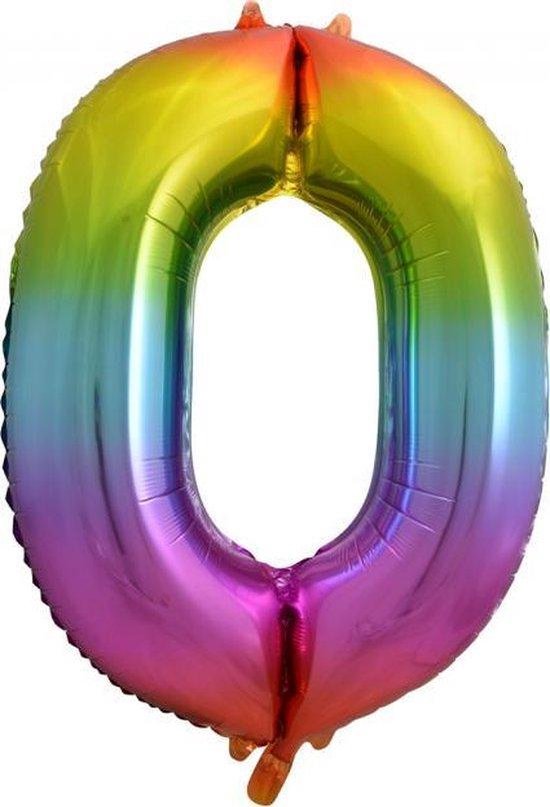 Folie ballon XL cijfer 0  regenboog kleuren is + - 1 meter groot  groot inclusief een flamingo sleutelhanger