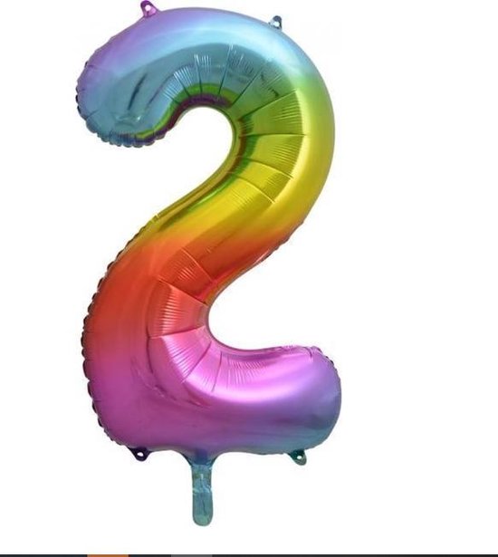 Folie ballon XL cijfer 2  regenboog kleuren is + - 1 meter groot groot inclusief een flamingo sleutelhanger