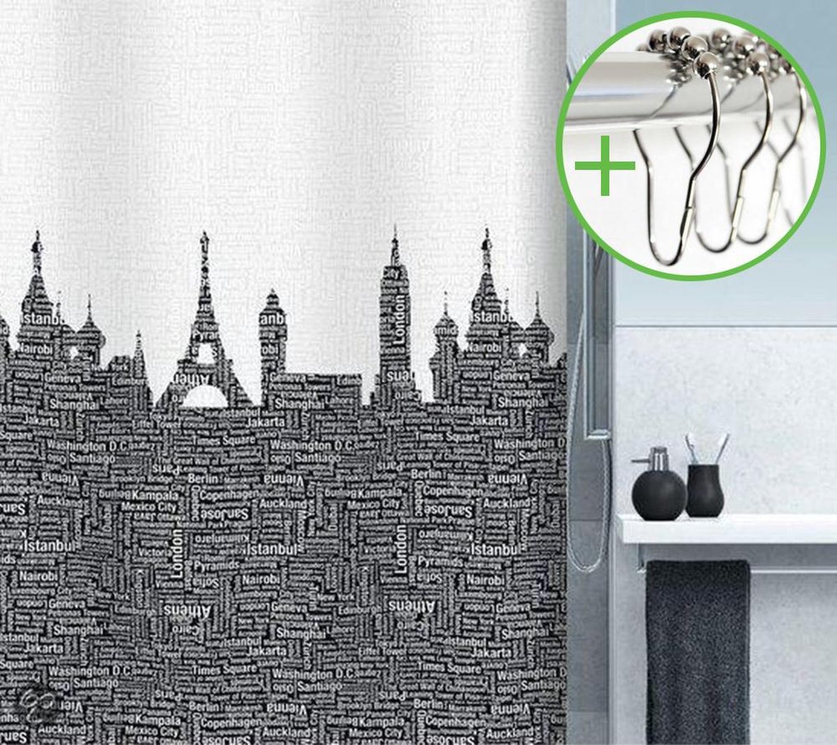 Spirella Urban Douchegordijn Textiel - 180x200 cm - Black | DOUCHEGORDIJN + RINGEN