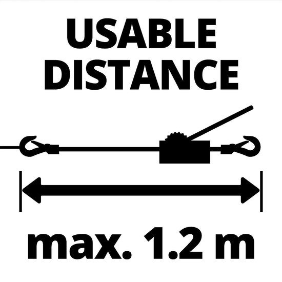 Pictogram met "Usable Distance max. 1.2 m" en een schematische weergave van een lier.