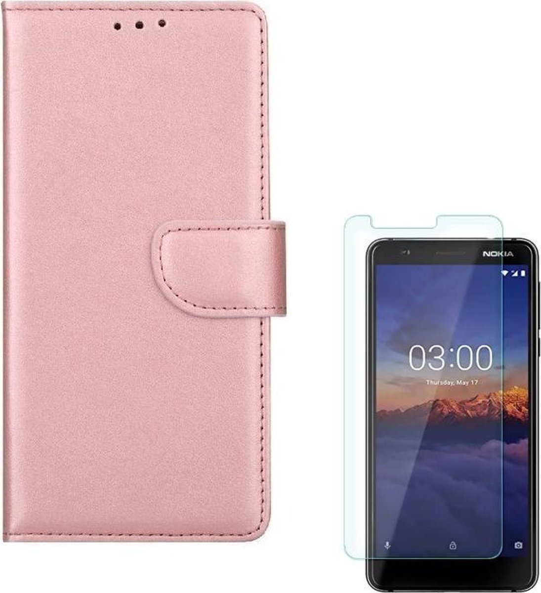 hoesje Geschikt voor: Nokia 2.2 Portemonnee Rose Goud met 2 stuks Glas Screen protector