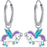 Joy|S - Zilveren eenhoorn oorbellen met blauwe glitter vleugeltjes eenhoorn oorringen