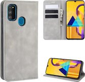 Voor Galaxy M30s Retro-skin Business magnetische zuignap Case met houder & kaartsleuven & portemonnee (grijs)