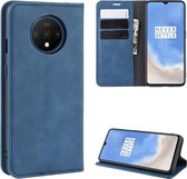 Voor OnePlus 7T Retro-skin Business Magnetische Suction Leather Case met Purse-Bracket-Chuck (Dark Blue)