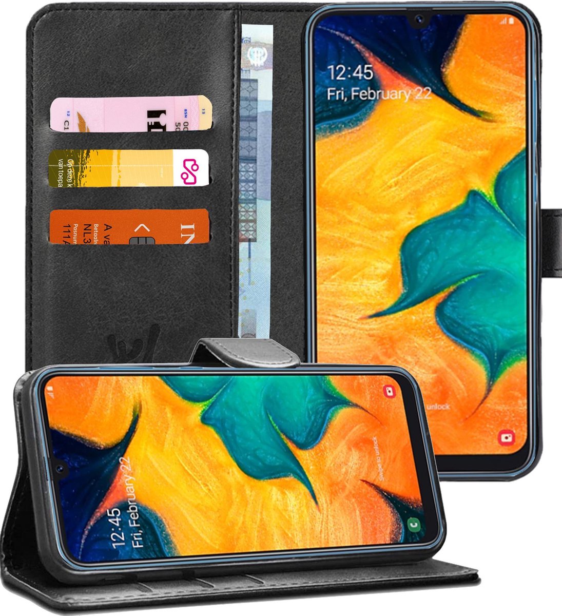 Hoesje geschikt voor Samsung Galaxy A30 - Book Case Kunstleer Pasjeshouder Zwart