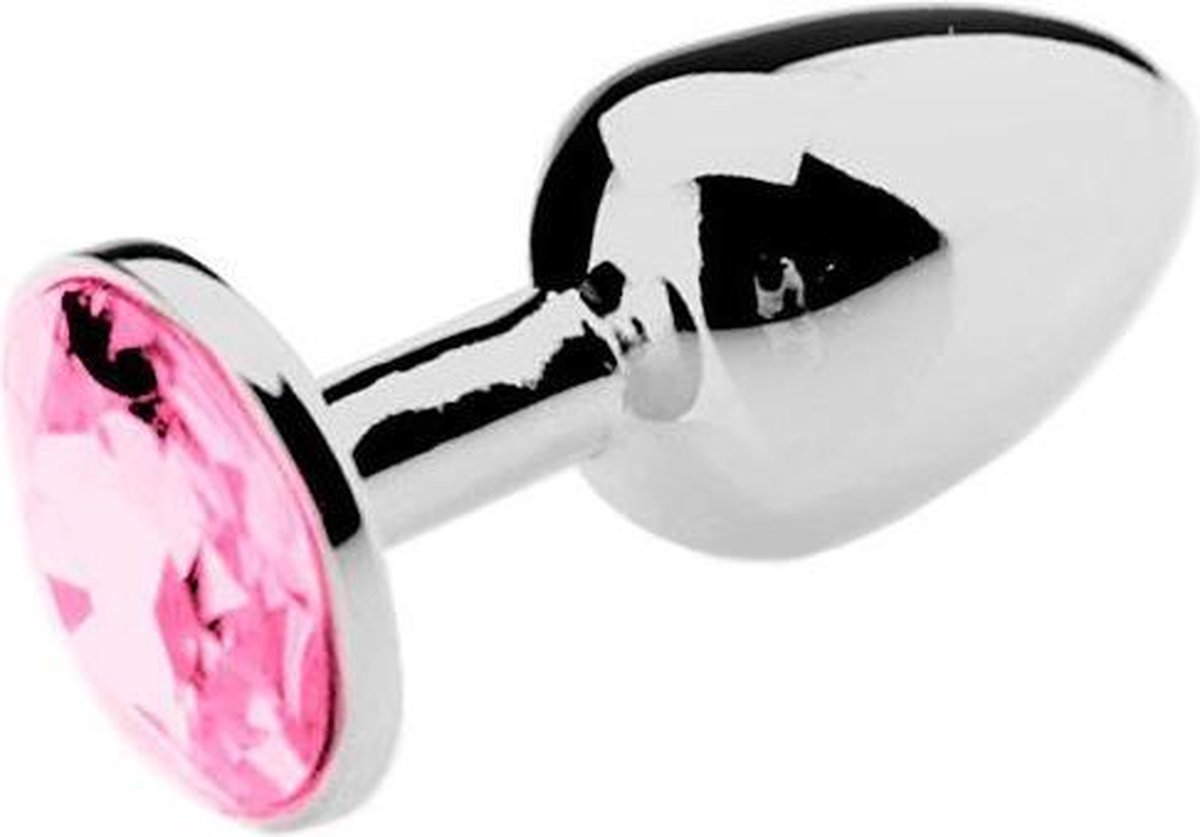 Butt plug aluminium met roze kristal - medium