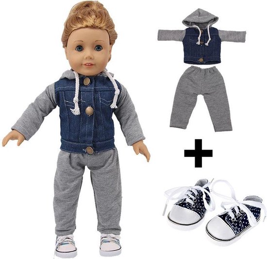 ginder vrijdag Statistisch Poppenkleding set voor jongen, meisje en baby - Jeans jasje, Jogging broek  & Gympies -... | bol.com