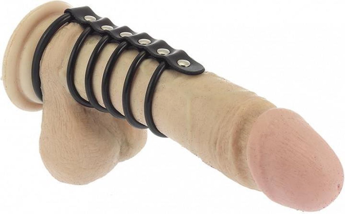 Rimba Bondage Play - Balzak- en 5 Penisringen van rubber met leren bandje - diameter 50 en 40 mm