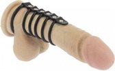 Rimba Bondage Play Balzak- en 5 Penisringen van rubber met leren bandje - diameter 50 en 40 mm