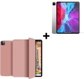 iPad Pro 11 (2020) hoes Tri fold book case hoesje TPU Back Cover met stand - Rose Goud + Tempered Gehard Glas / Glazen screenprotector