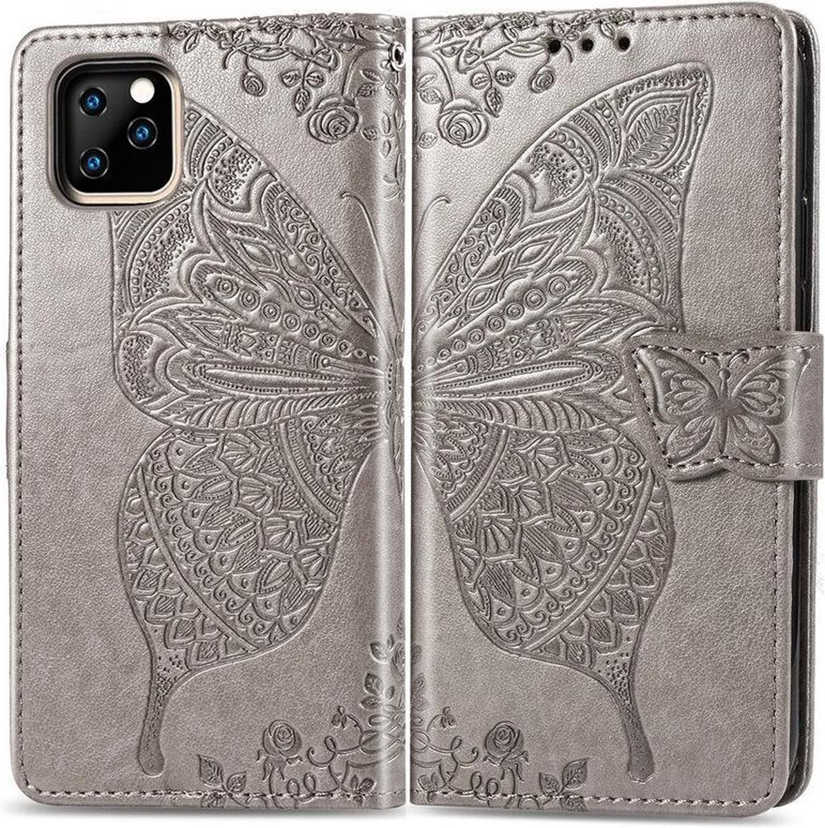 Telefoonhoesje voor Apple iPhone 11 | Hoogwaardig PU Leren Bookcase | Lederen Wallet Case | Pasjeshouder | Portemonnee | Vlinder Patroon | Grijs