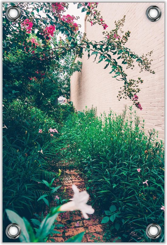 Tuinposter –Bloemen langs Huis– 100x150cm Foto op Tuinposter (wanddecoratie voor buiten en binnen)