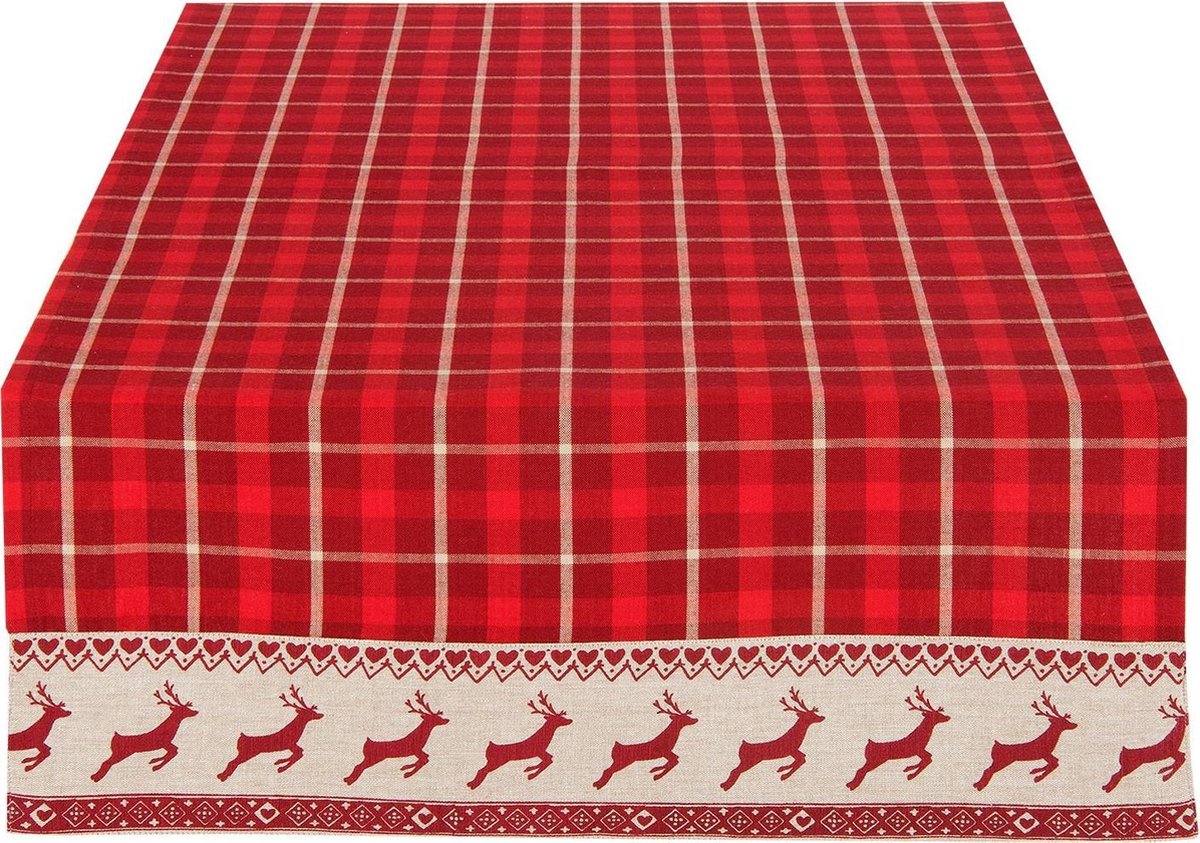Clayre & Eef Tafelloper 50x140 cm Rood Beige Katoen Hert en Kerst