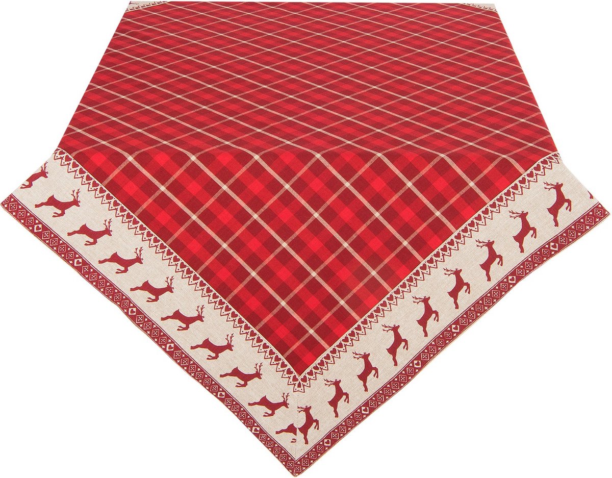 Clayre & Eef Vierkant Tafelkleed Kerst 150x150 cm Rood Beige Katoen Hert en Kerst