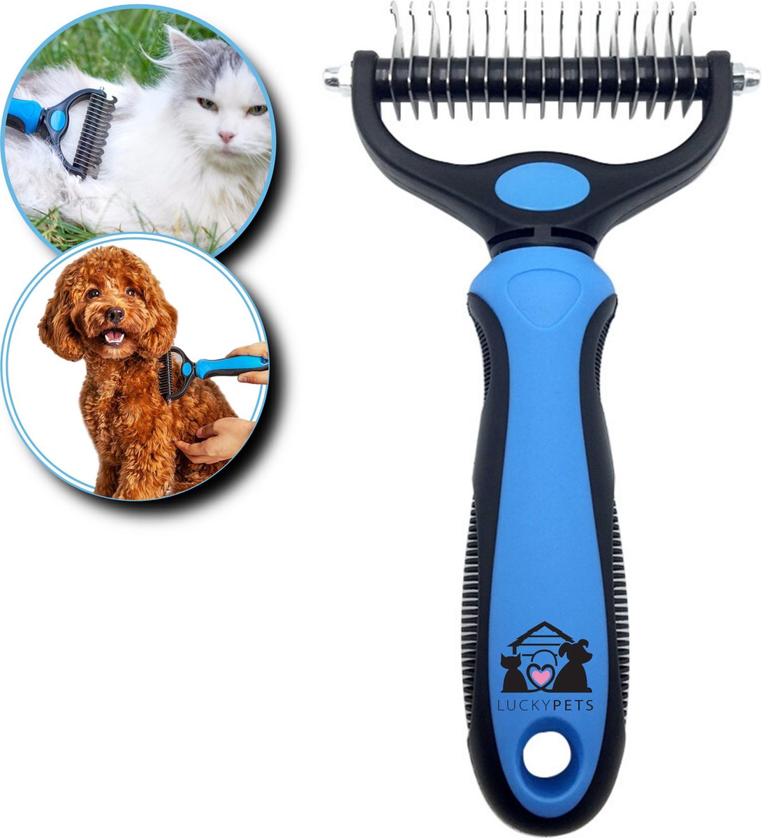 LuckyPets Professionele 2-zijdige Ondervacht Kam - Voor Honden en Katten - Hondenborstel - Kattenkam - Voor het Verwijderen van Klitten - Halsband Cadeau - Blauw