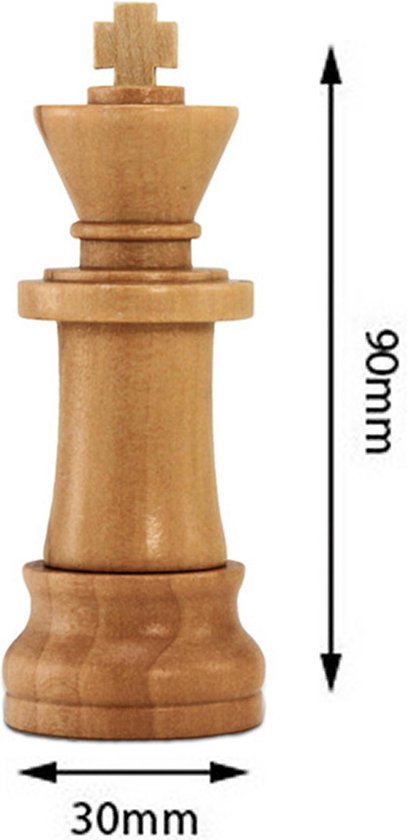 Houten schaakstuk koning met kruis bovenop, 90mm hoog en 30mm breed.