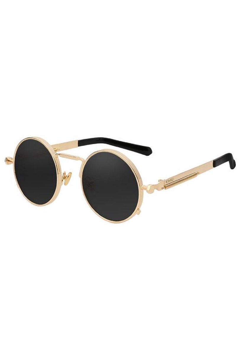 KIMU ronde zonnebril goud hipster - vintage retro zwarte glazen steampunk