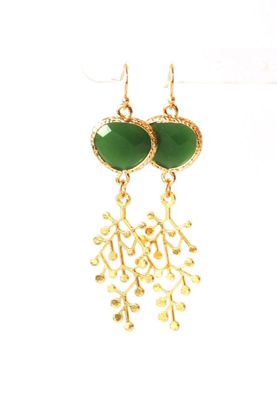 Boucles d' Boucles d'oreilles avec cristal vert et pendentif plaqué or, longueur 6 cm