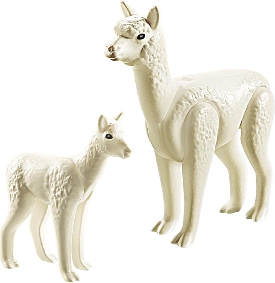 Twee witte Playmobil alpaca's, een volwassene en een kleintje, op een witte achtergrond.