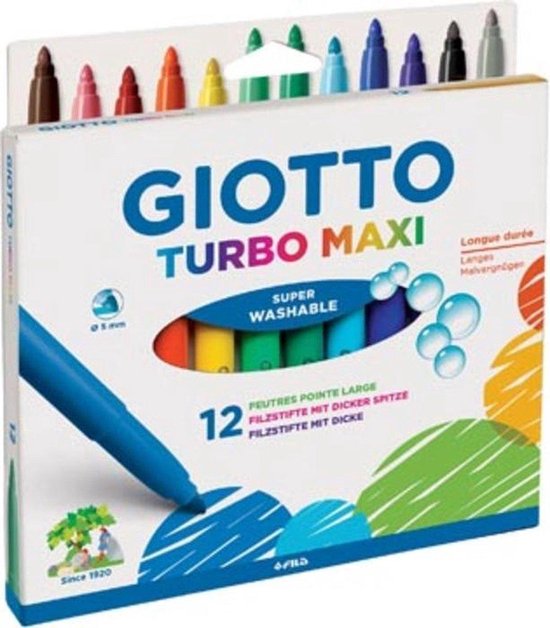 Giotto Turbo Maxi stiften. Doos van 12, diverse kleuren, met dikke punt. Blauwe stift is zichtbaar.