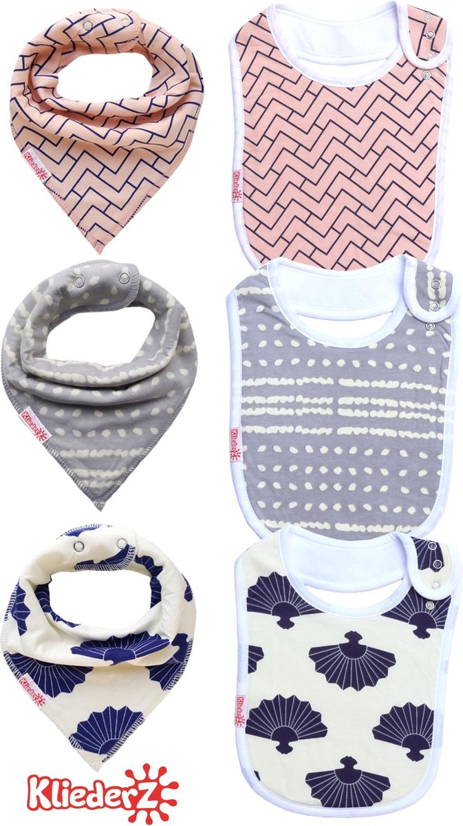 Goedkoopste KliederZ® slabbetjes combi set 6 stuks | Bandana kwijl puntslabben eetslabben ORGANISCH katoen | Waterproof fleece laag | Baby en peuter slabbers verstelbaar | Hippe puntsjaaltjes met leuke motieven meisjes | 4 mnd tot 4 jaar