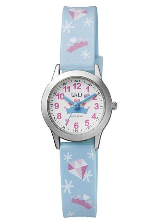 Q&Q QC29J314Y - Horloge - Analoog - Kinderen - Vrouwen - Plastic band - Rond - Cijfers - Metaal - Sterretjes - Lichtblauw - Zilverkleurig - Wit - Roze