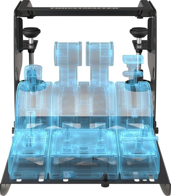 Zwarte metalen Thrustmaster Flying Clamp met transparante blauwe weergave van een joystick en gashendel.