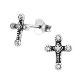 Joy|S - Zilveren kruis oorbellen 7 x 9 mm zirkonia geoxideerd