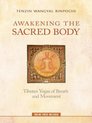 Boek 'Awakening the Sacred Body' met Tenzin Wangyal Rinpoche. Titel en ondertitel "Tibetan Yogas of Breath and Movement" in rode letters. Cirkelvormige afbeelding van mediterende figuur in lotushouding.