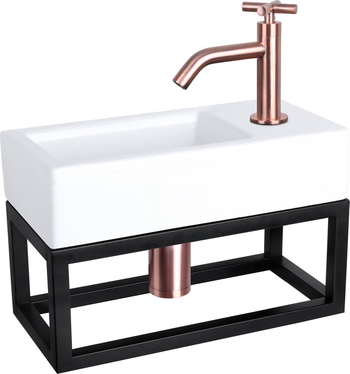 Differnz Ravo Fonteinset 38.5x18.5x25cm 1 kraangat gebogen kruisgreep rose koper kraan met sifon en afvoerplug fontein Rechthoek Keramiek Wit