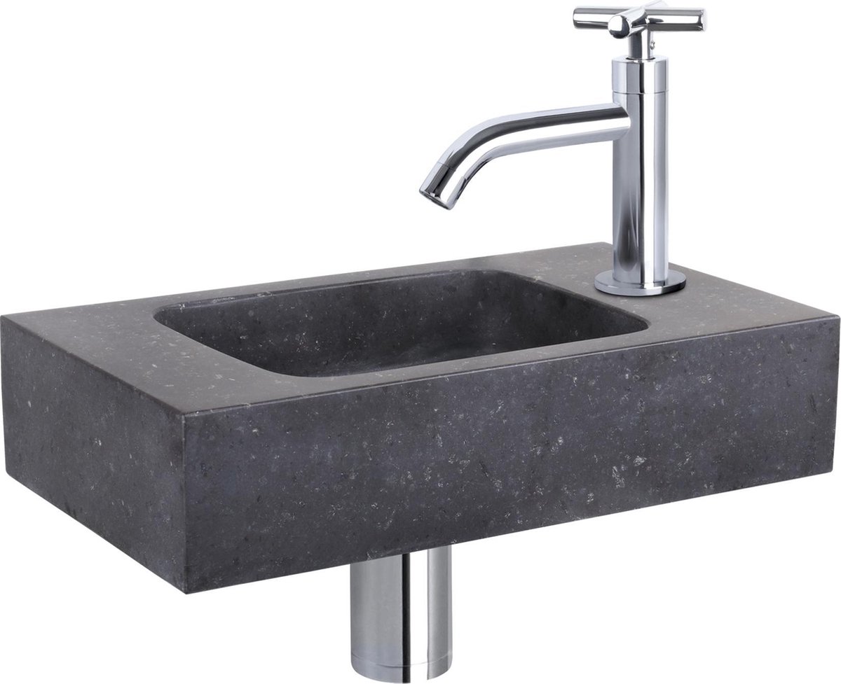 Differnz Fonteinset Bombai black - Natuursteen - Kraan kruis chroom - 40 x 22 x 9 cm