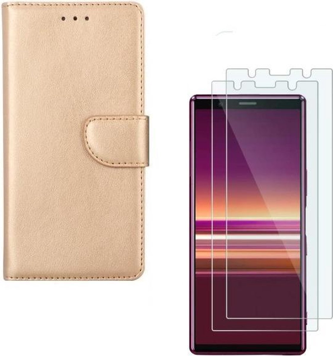 Geschikt voor: Sony Xperia 5 Portemonnee hoesjeGoud met 2 stuks Glas Screen protector
